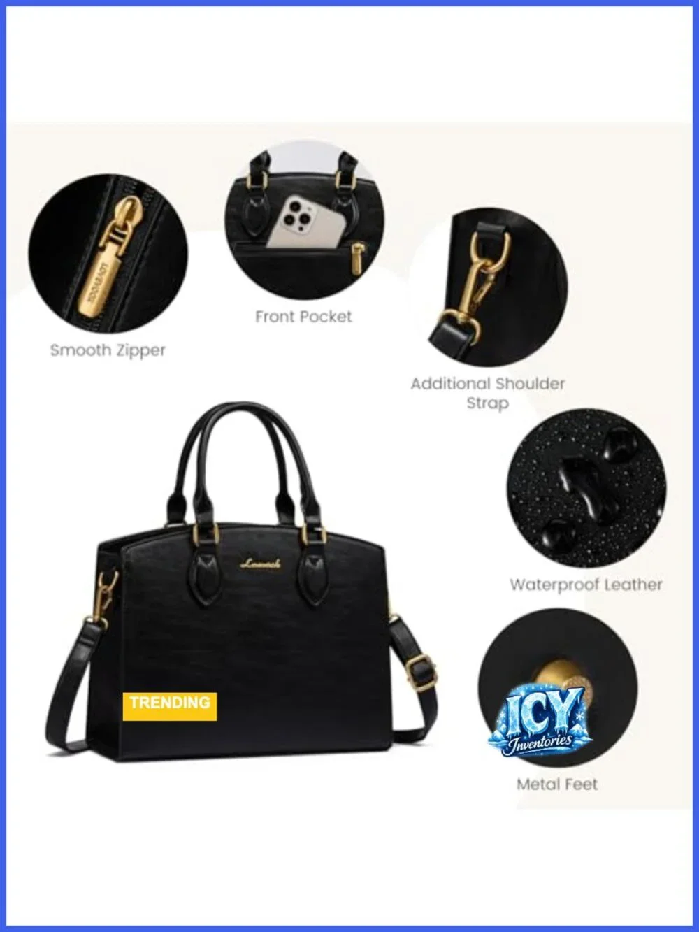 Vintage PU Leather Satchel Bag Women Tote Shoulder Bag Handbag 4 Compartments